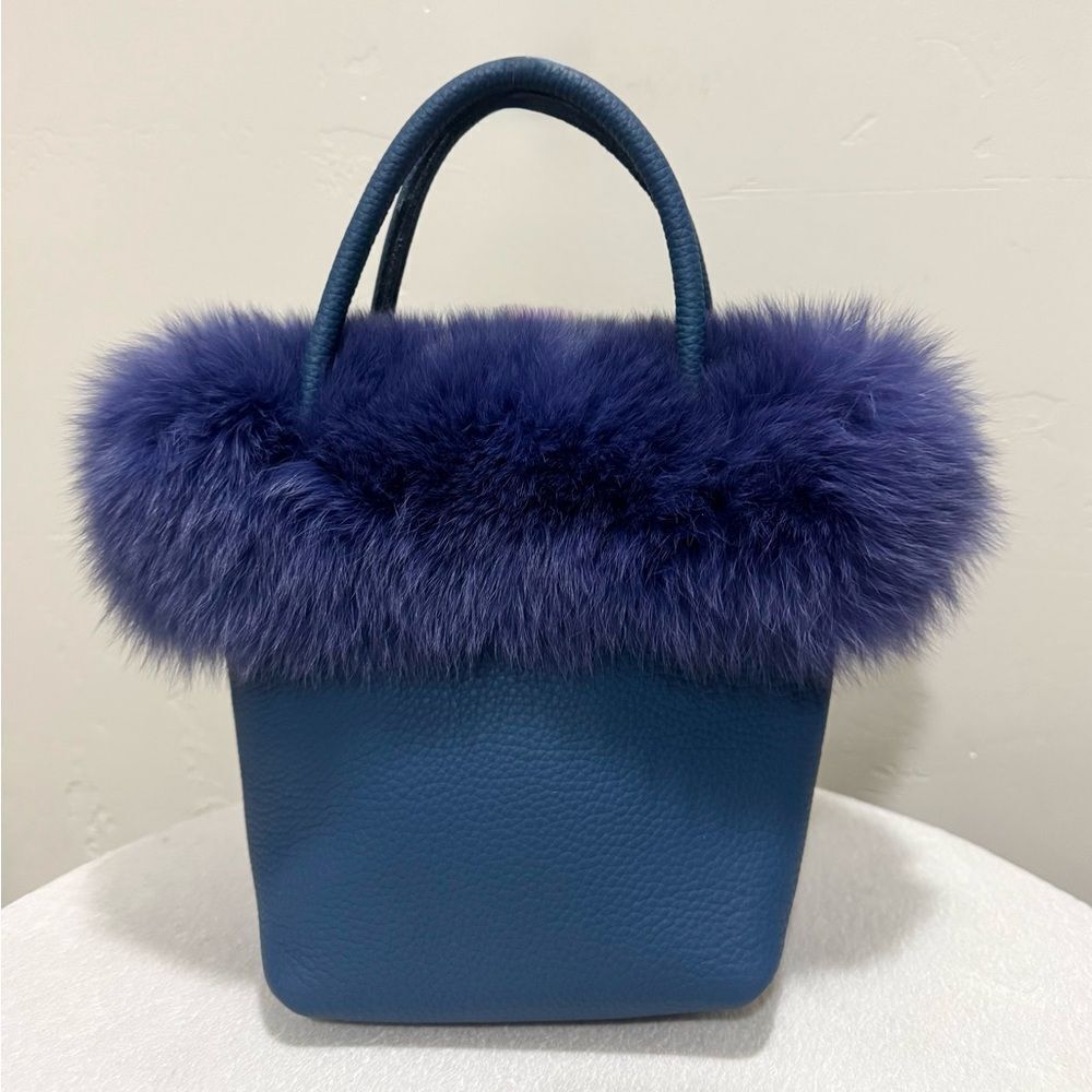 Premium Real Fox Fur Trimmed With Togo Cowhide Handmade Tote Bag/Crossbody